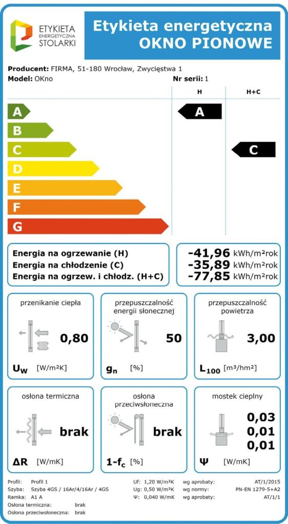Przykładowa etykieta energetyczna dla okna pionowego